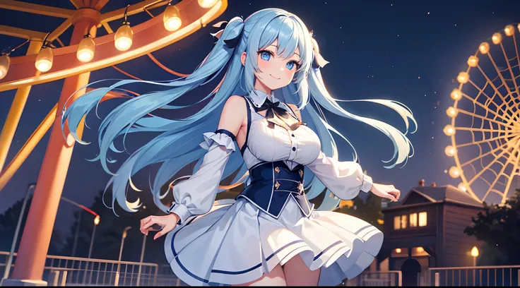 1 girl, game CG, white shirt, shoulders visible, short skirt, string hair ribbon, gigantic breasts, light blue hair, middle hair, two side up, blue eyes, night, amusement park, Halloween background, smile,