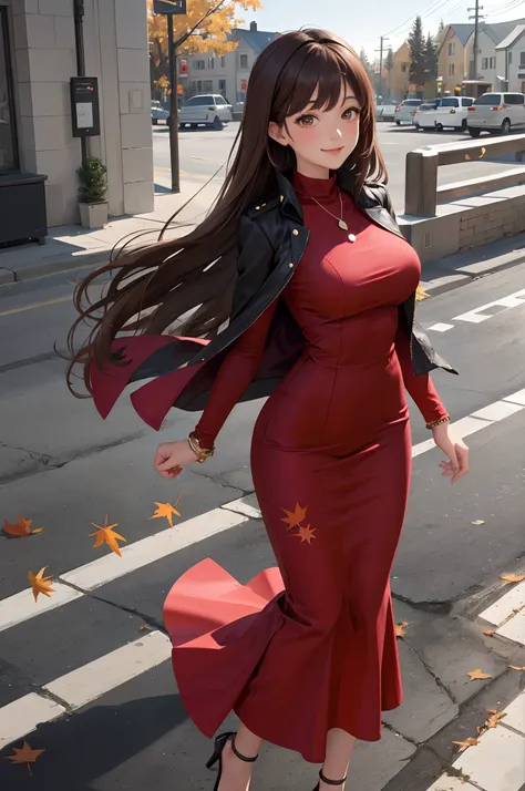 1lady standing, mature female, /(pencil dress/) /(deep red dress/) necklace, /(jacket on shoulder/), /(brown hair/) bangs, blush kind smile, (masterpiece best quality:1.2) delicate illustration ultra-detailed, large breast, arms down BREAK /(streets of Can...