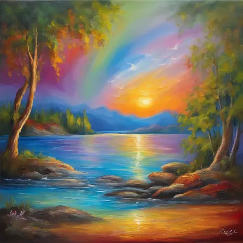 mediating:Oil painting,landscape,(rainbow in the sky),A luxurious horizon,Sparkling seawater,Lush greenery,exotic plants,Fantasy world,Enchanting atmosphere,shining sun,Soft clouds,dreamlike landscapes,magical aura,serenity and calm,Untapped beauty,A harmo...