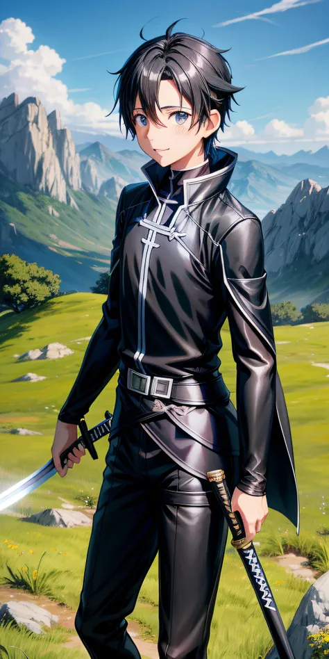 kirito boy(sao), black wear, blue_sky, blush, opened_mouth, cloud, cloudy_sky, day, katana sword in hand, sleeves, grass, short black hair, looking_at_viewer, mountain, outdoors, rock, sky, smile, solo, Fantasy anime lighting, fantasy anime