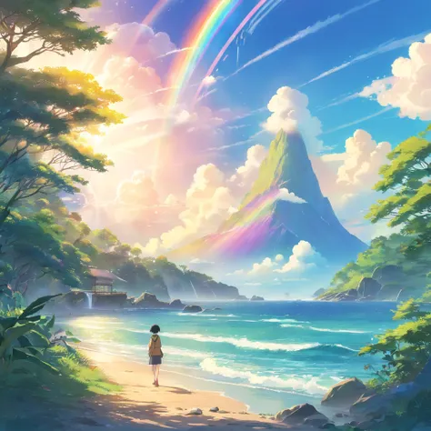 landscape,rainbow in the sky,A luxurious horizon,Sparkling seawater,Lush greenery,exotic plants,mysterious creature,Fantasy world,Enchanting atmosphere,shining sun,Soft clouds,dreamlike landscapes,magical aura,serenity and calm,Untapped beauty,A harmonious...