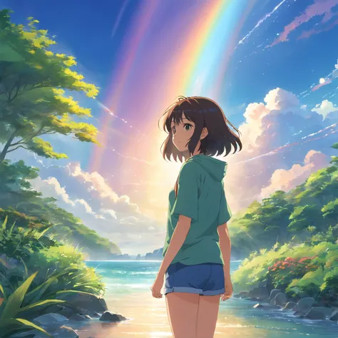 landscape,rainbow in the sky,A luxurious horizon,Sparkling seawater,Lush greenery,exotic plants,mysterious creature,Fantasy world,Enchanting atmosphere,shining sun,Soft clouds,dreamlike landscapes,magical aura,serenity and calm,Untapped beauty,A harmonious...