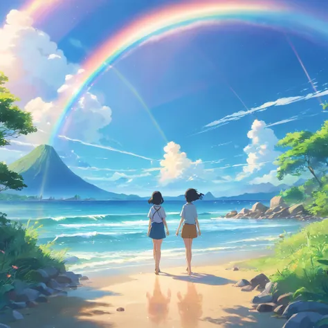 landscape,rainbow in the sky,A luxurious horizon,Sparkling seawater,Lush greenery,exotic plants,mysterious creature,Fantasy world,Enchanting atmosphere,shining sun,Soft clouds,dreamlike landscapes,magical aura,serenity and calm,Untapped beauty,A harmonious...