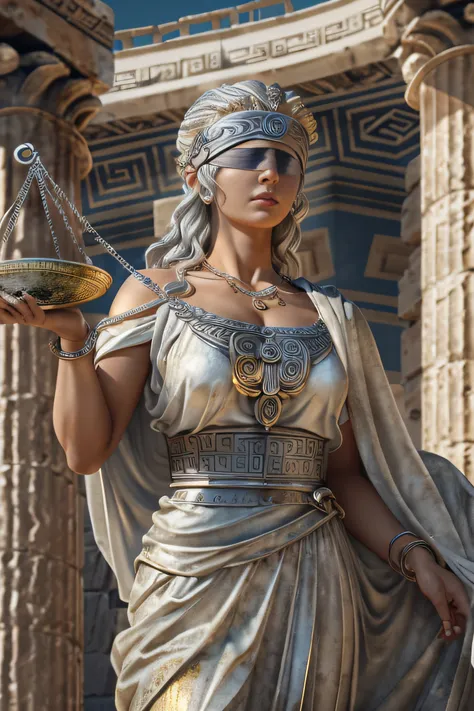 greek goddess of law and order, Themis, with silver hair, in long greek toga, ((blindfolded)), looks serious and cool, ((holds scales)), libra, ancient greek temple, Greek Mythology, solemn atmosphere, description of ultrra-accurate hands, photorealistic, ...