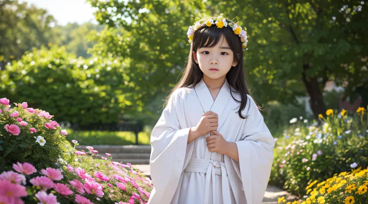 The Boy in the Flower Garden, Full Body Shot, Perfect Figure, Very detailed, Best Quality, Raw foto, Photorealistic, 8K Wallpapers, huge file size, A highly detailed, high resolucion, The upper half of the body is visible, Low angle, Standing with a flower...