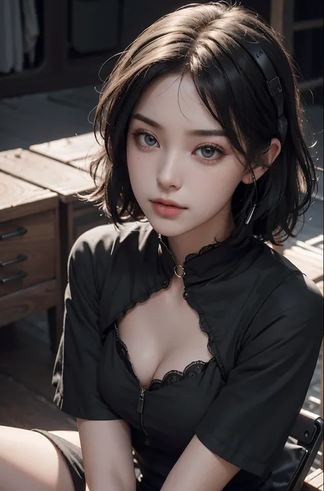 (RAW photo, Best quality), ((Nostalgia,1980s syle)),(Punk girl:1.2),(Realistic, photo-realistic:1.3), (a flat chest:1.3), (short detailed hair), outside,Very pale skin,hyperdetailed face, Detailed lips,, Fine eyes, Double eyelids, Skinny Gothic clothing,（b...