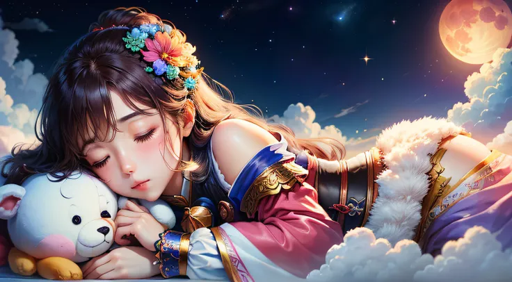 colorful、on clouds、kosmos、Big Moon、realistic、The girl is sleeping、Only one stuffed animal、超A high resolution