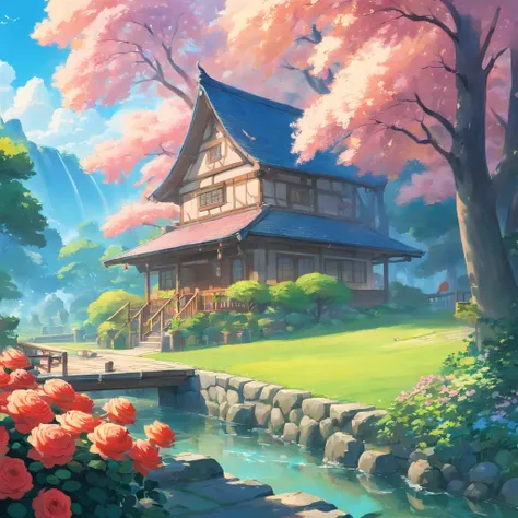 Rose garden，rainbow in the sky，(depth of fields)，Light，Mist，log cabin,the cherry trees，Reallightandshadow，painting-like,Ethereal atmosphere,Vibrant colors,cinematic compositions，dream magical，hoang lap，Particle effect，diffused reflections，(mont)，waterfallr...