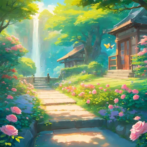 Rose garden，rainbow in the sky，(depth of fields)，Light，Mist，log cabin,the cherry trees，Reallightandshadow，painting-like,Ethereal atmosphere,Vibrant colors,cinematic compositions，dream magical，hoang lap，Particle effect，diffused reflections，(mont)，waterfallr...