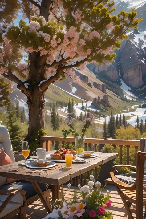 terrace,dining table,Western-style breakfast,snow mountains, wildflowers.