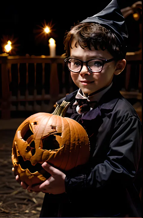 "an illustration of a joyful 3-year-old boy wearing glasses, with a well-defined and sharp face, dressed up as a little vampire ...