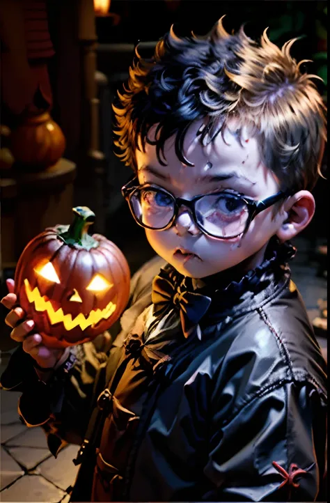 "an illustration of a joyful 3-year-old boy wearing glasses, with a well-defined and sharp face, dressed up as a little vampire ...