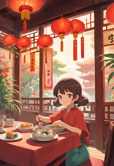 Chinese restaurant, A 5-year-old girl sits at a dining table, smile, Flower tea on the table ,Chinese dim sum,  Shrimp dumplings, Sunlight outside the window.