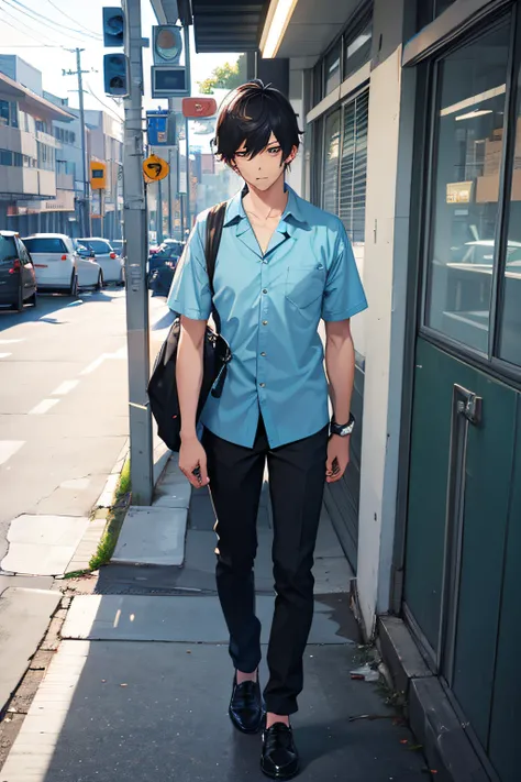 Man, male, male student, very mature boy, Otoko, masculine face, manly face, male, face, wearing light blue shirt, hawaiian shirt, blue shirt with buttons, pokects, blue top, wearing slux, black slux, black bottom, id, wearing ID sling, id holder, lanyard,...