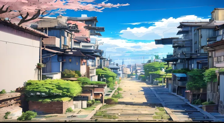 Animated landscape of narrow streets with train tracks and buildings, beautiful anime scenery, beautiful anime scenes, animation background art, anime scenery, anime style cityscape, style of makoto shinkai, in style of makoto shinkai, japanese street, tok...