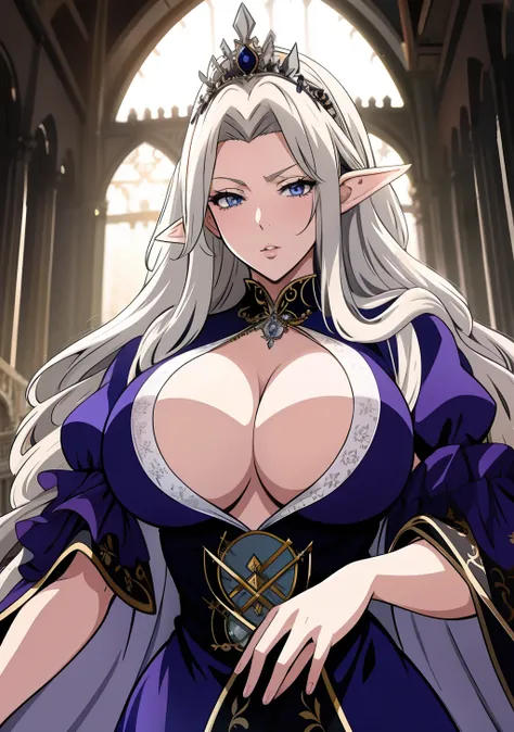 Royal Dress, royal long coat, huge tits, tiara, busty, silver hair, elf ears, hairpin, beauty mark under eyes, blue eyes, cleavage, long hair, intrincate details, detailed, masterpiece, best quality, 4K, HDR, royal hall, gothic building, upperbody,