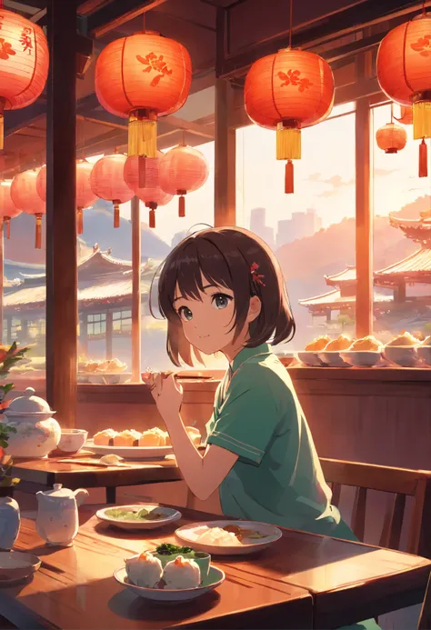 Chinese restaurant, A 5-year-old girl sits at a dining table,  Flower tea on the table ,Chinese dim sum, Shrimp dumplings, Sunlight outside the window.