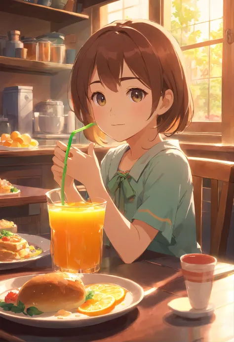 Western-style restaurant, A 5-year-old girl sits at a dining table,  Juice on the table, Western breakfast on the plate, Sunlight outside the window.