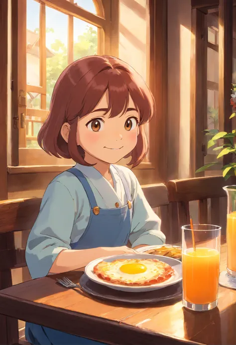 Western-style restaurant, A 5-year-old girl sits at a dining table, ssmile, Juice on the table,Western breakfast on the plate, Sunlight outside the window.