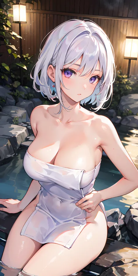 1girl in, White hair, Purple eyes, Portrait, Realistic, ((Towel)), (Onsen), side lights, Wallpaper, NSFW