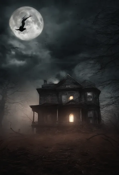 Ice peaks，Red glowing skull eyes glow everywhere in the dilapidated house, surrounded by crows，themoon，Evil witches fly in the air，A boy walks towards a dilapidated house，tmasterpiece, highest  quality.