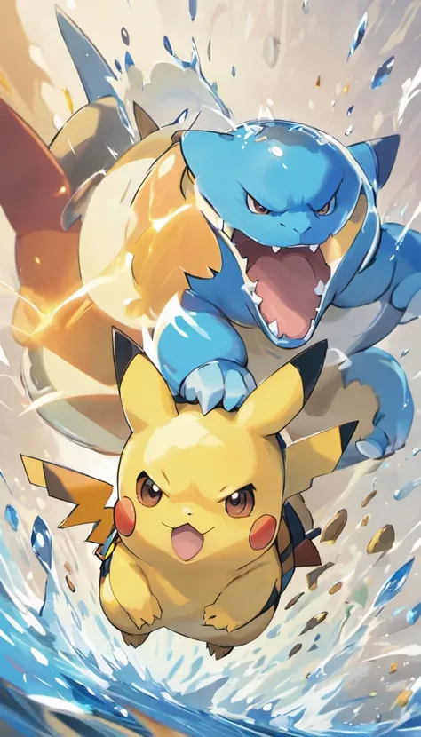 (best quality,4k,8k,highres,masterpiece:1.2),ultra-detailed,(realistic,photorealistic,photo-realistic:1.37),bright colors,Pikachu, Blastoise, fierce battle with Charizard, vibrant lighting, anime style, detailed facial expressions, water effects, electrify...