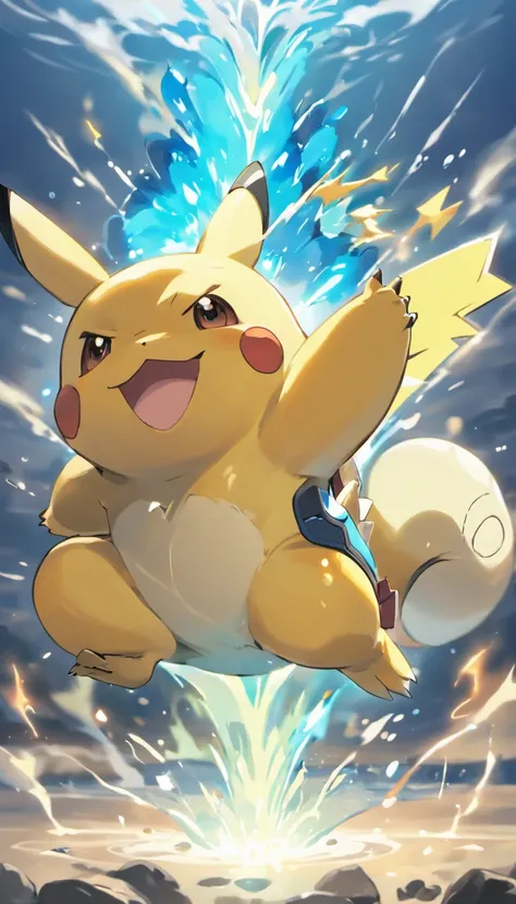 (best quality,4k,8k,highres,masterpiece:1.2),ultra-detailed,(realistic,photorealistic,photo-realistic:1.37),bright colors,Pikachu, Blastoise, fierce battle with Charizard, vibrant lighting, anime style, detailed facial expressions, water effects, electrify...