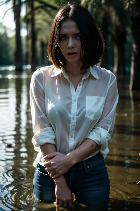 "(Best Quality,hight resolution:1.2),The woman,Expressive wrinkles,Bob haircut,Jeans,blouse,woods,(drowning in a swamp:1.3),dread,Detailed eyes and face,elongated,expression of despair,Dark and moody lighting,Wrestling Hands,ominous vibe,Death Trap,Tragic,...