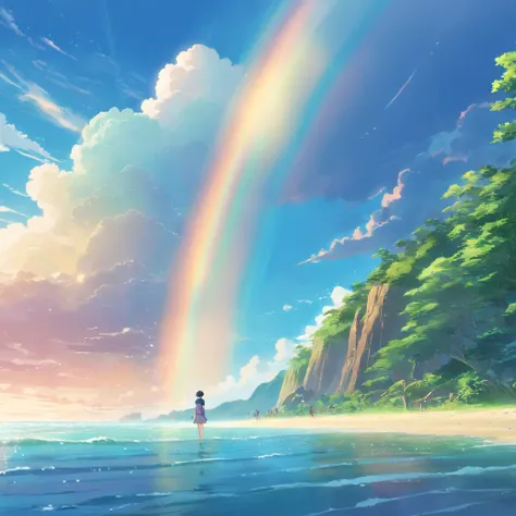 landscape,rainbow in the sky,A luxurious horizon,Sparkling seawater,Lush greenery,exotic plants,Fantasy world,Enchanting atmosphere,shining sun,Soft clouds,dreamlike landscapes,magical aura,serenity and calm,Untapped beauty,A harmonious blend of tones,Endl...