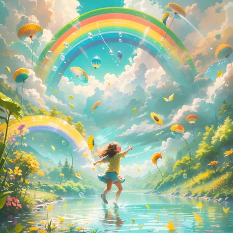 giant rainbow as the centerpiece,illustration,detailed clouds,vibrant colors,soft sunlight,crystal clear reflection,water droplets sparkling,happy children playing,joyful expressions,splashing water,saturated hues,painterly technique,whimsical atmosphere,m...