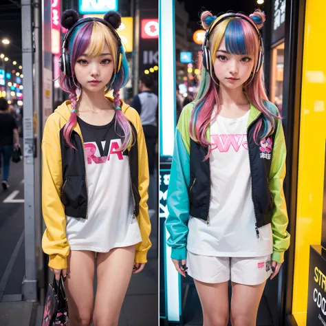 (Harajuku girl in 8K、RAW Photos、top-quality、​masterpiece:1.2)、(realisitic、Photorealsitic:1.37)、ultra-detailliert、超A high resolution、独奏、rainbow hair、tech jacket、espadrilles、straight haired、headphones、Long、natta、neons、cyberpunk