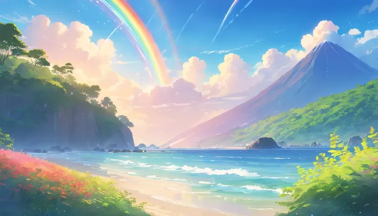 landscape,rainbow in the sky,A luxurious horizon,Sparkling seawater,Lush greenery,exotic plants,Fantasy world,Enchanting atmosphere,shining sun,Soft clouds,dreamlike landscapes,magical aura,serenity and calm,Untapped beauty,A harmonious blend of tones,Endl...