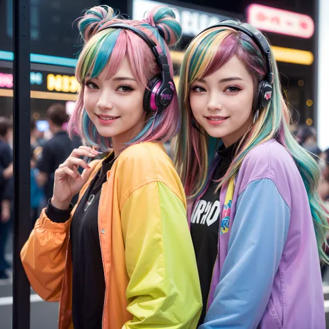 (2 smiling Harajuku pop idol fashion girls in 8K、RAW Photos、top-quality、​masterpiece:1.2)、(realistic、Photorealistic:1.37)、ultra-detailed、超A high resolution、独奏、rainbow hair、tech jacket、straight haired、headphones、Long、neons、cyberpunk