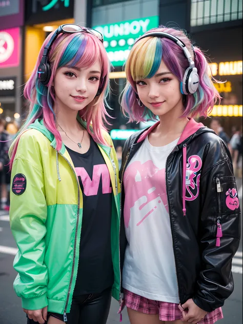 (2 smiling Harajuku pop idol fashion girls standing together), 8K、RAW Photos、top-quality、​masterpiece:1.2)、(realistic、Photorealistic:1.37)、ultra-detailed、超A high resolution、独奏、rainbow hair、ultra-detailed tech jacket、messy hair、headphones、Long、neons、cyberpu...