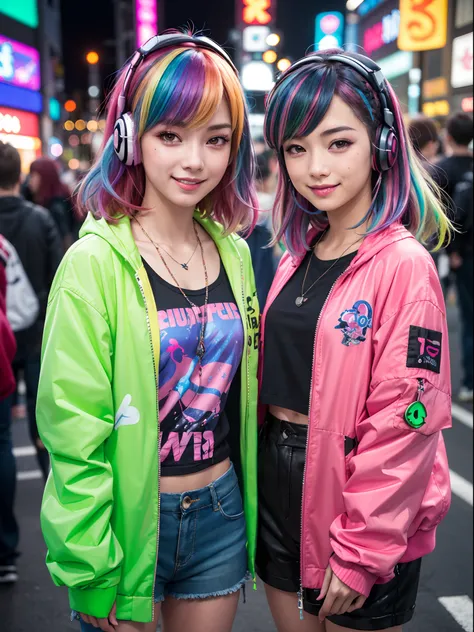 (2 smiling Harajuku pop idol fashion girls standing together), 8K、RAW Photos、top-quality、​masterpiece:1.2)、(realistic、Photorealistic:1.37)、ultra-detailed、超A high resolution、独奏、rainbow hair、ultra-detailed tech jacket、messy hair、headphones、Long、neons、cyberpu...