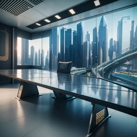 futuristic journalistic studio with a large table that goes from one side to the other of the image that hides the waist part down from the presented modern 8k best quality realistic masterpiece --auto --s2