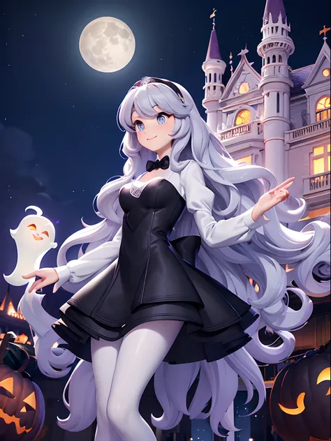 White style of a Disney Pixar cartoon, lavender wavy hair, grey eyes, black silk dress dancing infront of a historic haunted mansion , digital illustration, high resolution, pumpkins , halloween pumkins,white ghosts flying around , ominous vibes,smoke, pri...