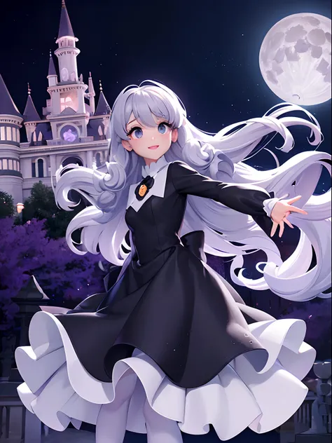 White style of a Disney Pixar cartoon, lavender wavy hair, grey eyes, black modest silk dress, long sleeve , dancing infront of a historic haunted mansion , digital illustration, high resolution, pumpkins , halloween pumkins,white ghosts flying around , om...