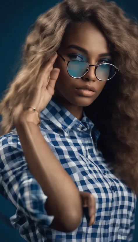 Girl with round and short glasses wearing a blue check shirt, cabelos longos pretos, jogos, fundo com o site do Discord, fones de ouvido na na orelha, cores vibrantes, studio lighting