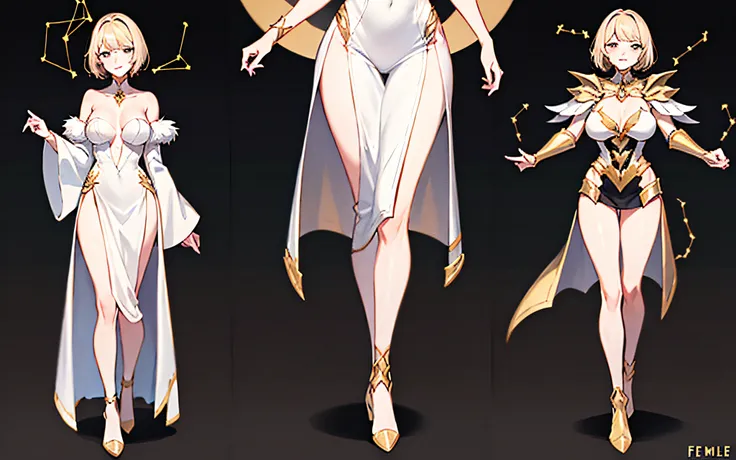 full body,Three View，white backgrounid，golden hair，short detailed hair，femele，sorceress woman，robe，constellation