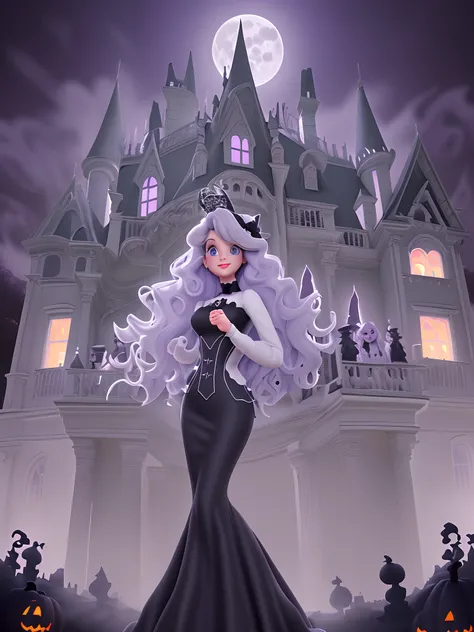 White style of a Disney Pixar cartoon, lavender wavy hair, grey eyes, black silk dress dancing infront of a historic haunted mansion , digital illustration, high resolution, pumpkins , halloween pumkins,white ghosts flying around , ominous vibes,smoke, pri...