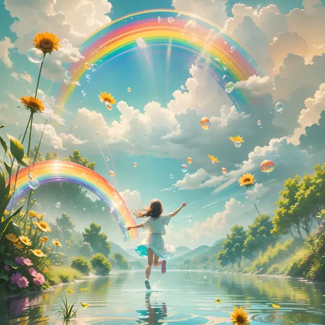 With a huge rainbow as the core,illustration,Detailed clouds,Vibrant colors,Soft sunlight,Crystal clear reflections,Water droplets sparkle,Happy kids playing,joyful expressions,Splashing water,Saturated hues,Drawing skills,Whimsical atmosphere,Magical atmo...