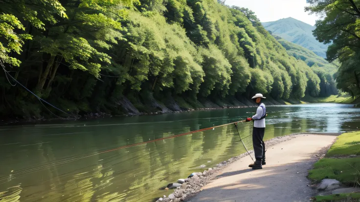 angling、a river、male people、lure、Trout