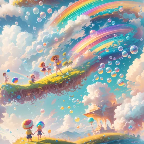 With a huge rainbow as the core,illustration,Detailed clouds,Vibrant colors,Soft sunlight,Crystal clear reflections,Water droplets sparkle,Happy kids playing,joyful expressions,Splashing water,Saturated hues,Drawing skills,Whimsical atmosphere,Magical atmo...