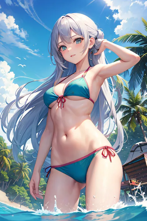 1 girl in, (masutepiece: 1.1), (Best Quality: 1.1), Colorful bikini, (Beach: 1.1)、From below、Cowboy Shot, Silver hair, Long hair, Green eyes, Side view,