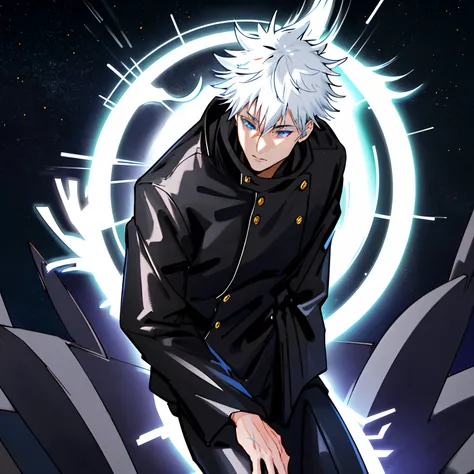 1boy, Satoru Gojo Man in a black coat and black pants, (White hair), (masutepiece), Best Quality, hight resolution, (Realistic face:1.1), (hyper realisitic:1.3), 4K, 8K, detailed illustration, intricate detailes, glowing particles, floating, Cinematic ligh...