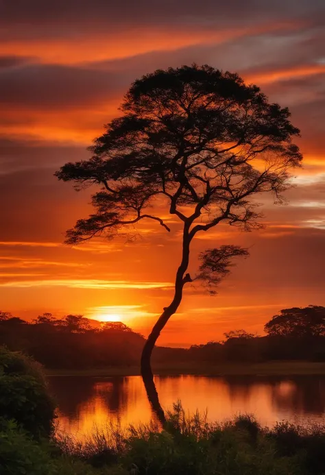 Por do sol.montanha uma mulher olhando do alto muitas arvores futurista