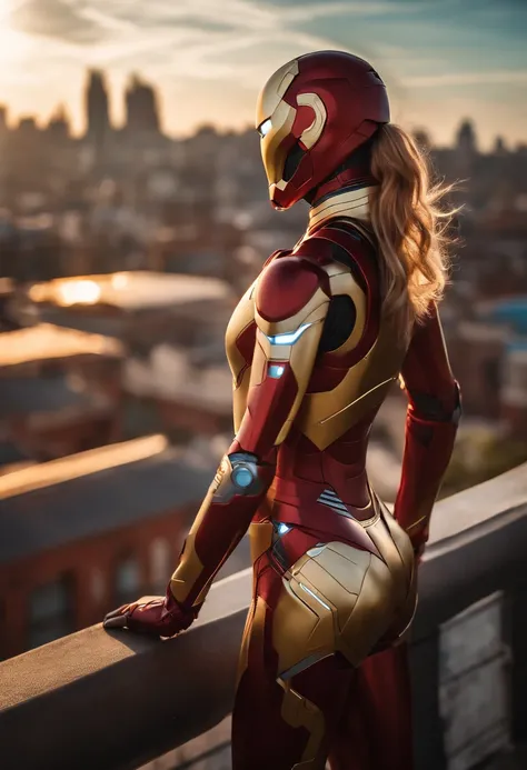 girl in ironman suit, many small details, on a rooftop, city at the background, sunlight, highly detailed, deep focused image, ultrarealistic photo