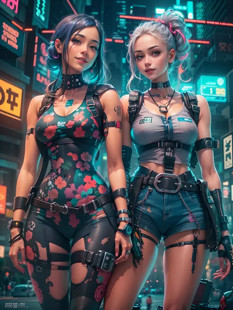 masterpiece, best quality, 2 ((smiling)) cyberpunk girls standing together, Harajuku-inspired cyberpunk body harness, bold colors and patterns, eye-catching accessories, trendy and innovative hairstyle, dazzling Cyberpunk cityscape, skyscrapers, glowing ne...