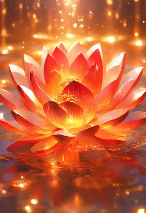 Enlightened mind, Red tones from orange to gold. About the rainbow lotus, And float on transparency, Transparent water, Gold gradient background with light transparency. Golden energy flows out of the flower core.